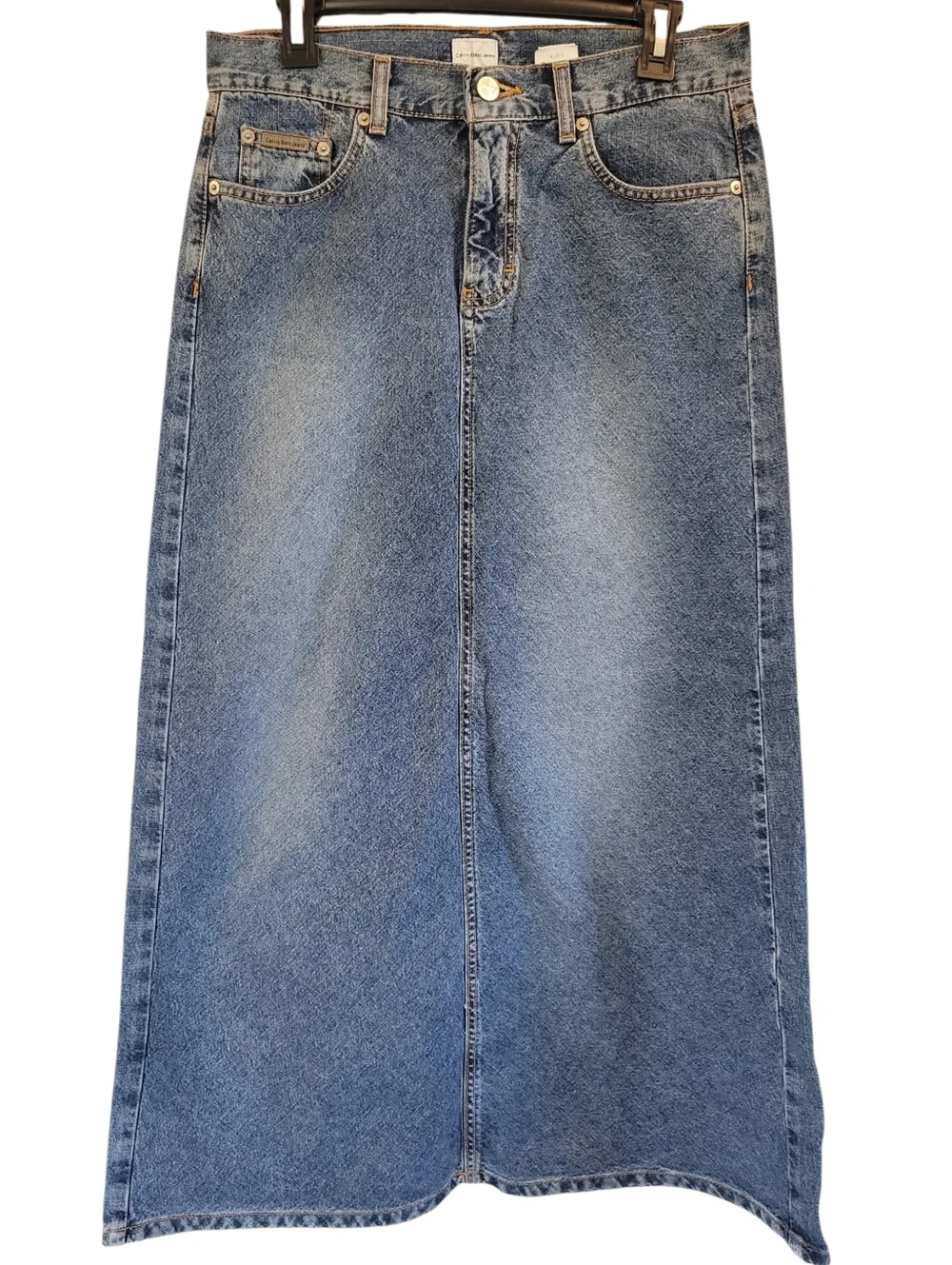 Calvin Klein Dark Sandblast Wash Cotton Denim Midi Skirt
